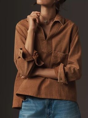 NWT Anthropologie Forever That Girl Long-Sleeve Collared Popover denim shirt XS